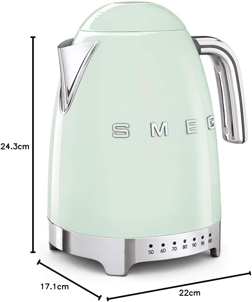 Smeg KLF04PGUK 50’s Retro Style Kettle, 7 Temperature Settings, 1.7 L Capacity with Water Level Indicator, 360 Swivel Base, Stainless Steel,Pastel Green