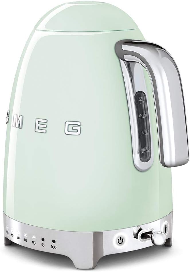 Smeg KLF04PGUK 50’s Retro Style Kettle, 7 Temperature Settings, 1.7 L Capacity with Water Level Indicator, 360 Swivel Base, Stainless Steel,Pastel Green
