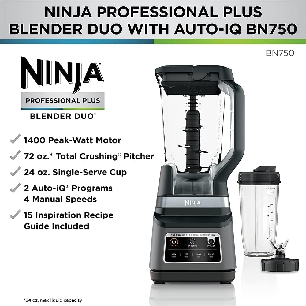Ninja BN750 2-in-1 Blender – خلاط نينجا الاحترافي بقوة 1200 وات وتقنية Auto-iQ